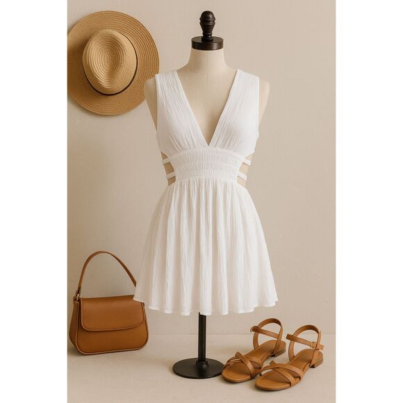 Windsor White Rayon Mini Dress L — Crinkle Texture, Deep V-Neck, Side Cutouts‎ - Picture 1 of 7